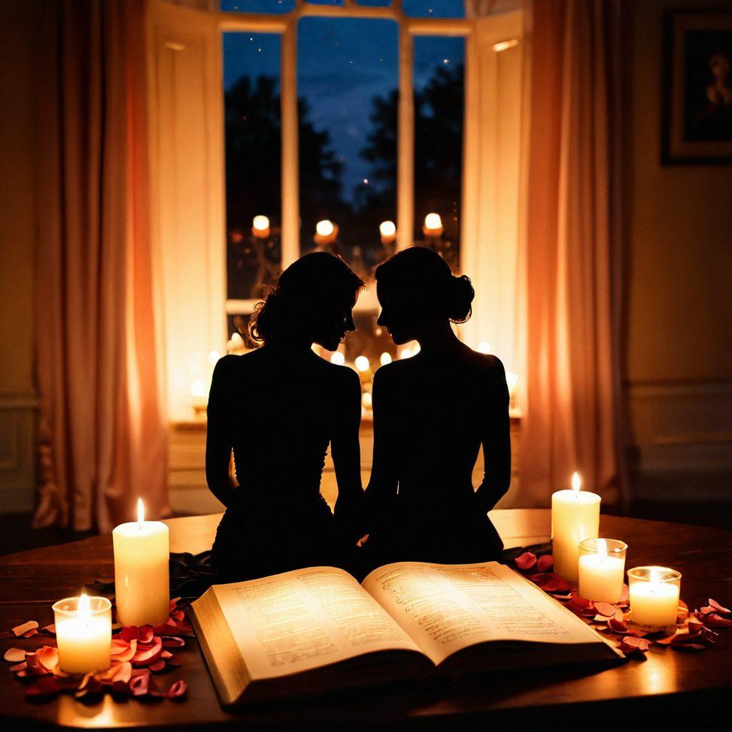 A candle-lit intimate setting with silhouettes of a couple leaning close, surrounded by soft, warm colors and ethereal light. A hint of rose petals scattered on the table and an open book of romantic poetry beside them. The atmosphere should evoke passion and connection, inviting the viewer into the essence of romance. super-realistic. warm tones. soft focus.