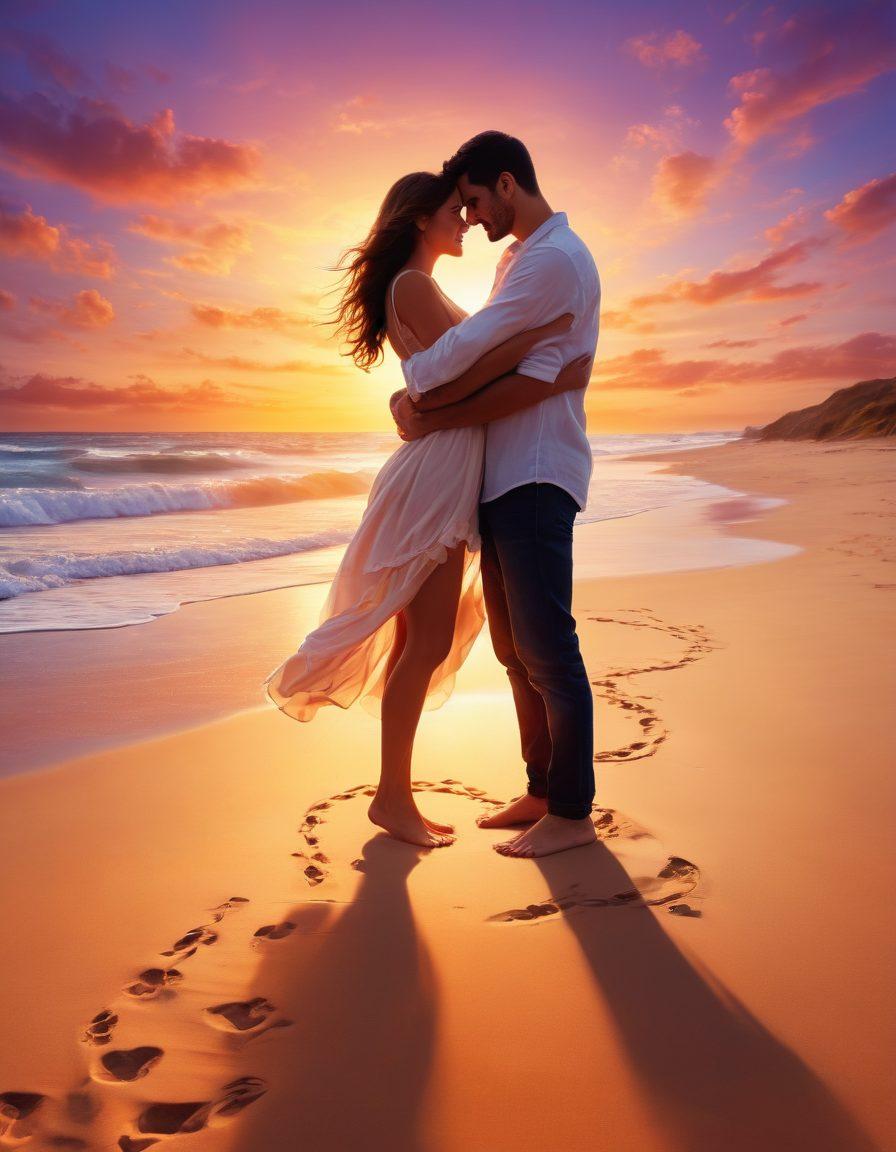 A vibrant representation of a couple in an embrace, surrounded by swirling elements that symbolize passion and chemistry, such as glowing hearts and chemical symbols intertwining, set against a dreamy sunset background. The couple is depicted with a look of joy and connection, with a soft focus emphasizing their chemistry. Include elements that suggest a journey, such as footprints in the sand or a winding path. super-realistic. vibrant colors. dreamy background.