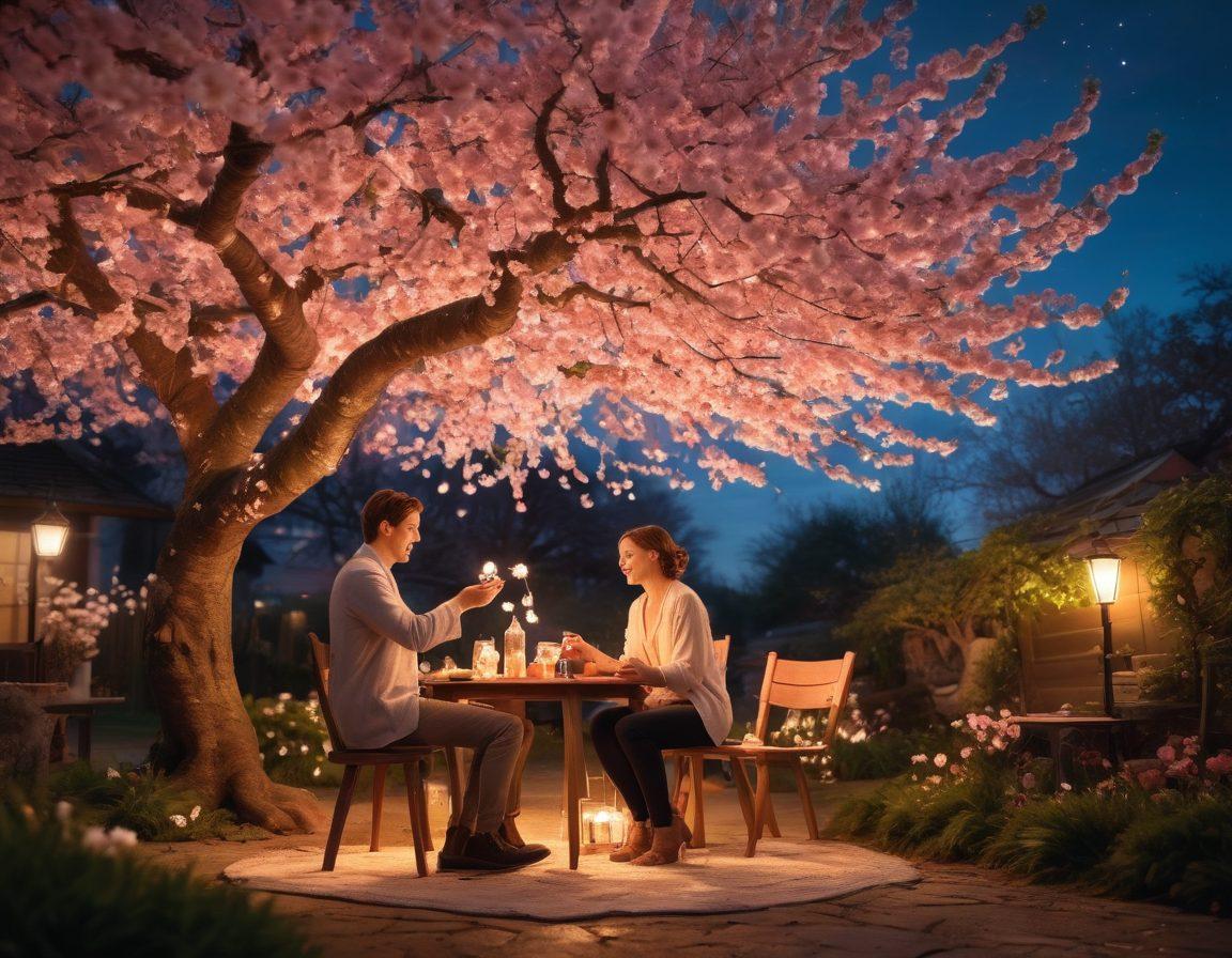 A charming outdoor setting with two people engaging in playful banter under a blooming cherry blossom tree, surrounded by soft glowing lights and whimsical decorations. The atmosphere is romantic and cheerful, reflecting a sense of fun and connection, with subtle hints of traditional courtship gestures like exchanging flowers and playful glances. The scene should evoke warmth and intimacy. vibrant colors. super-realistic.